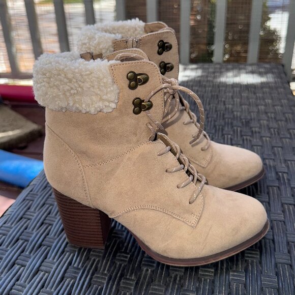 Tan High Heel Ankle Boots Booties Suede Fur Trim Women Size 7 - Picture 2 of 11